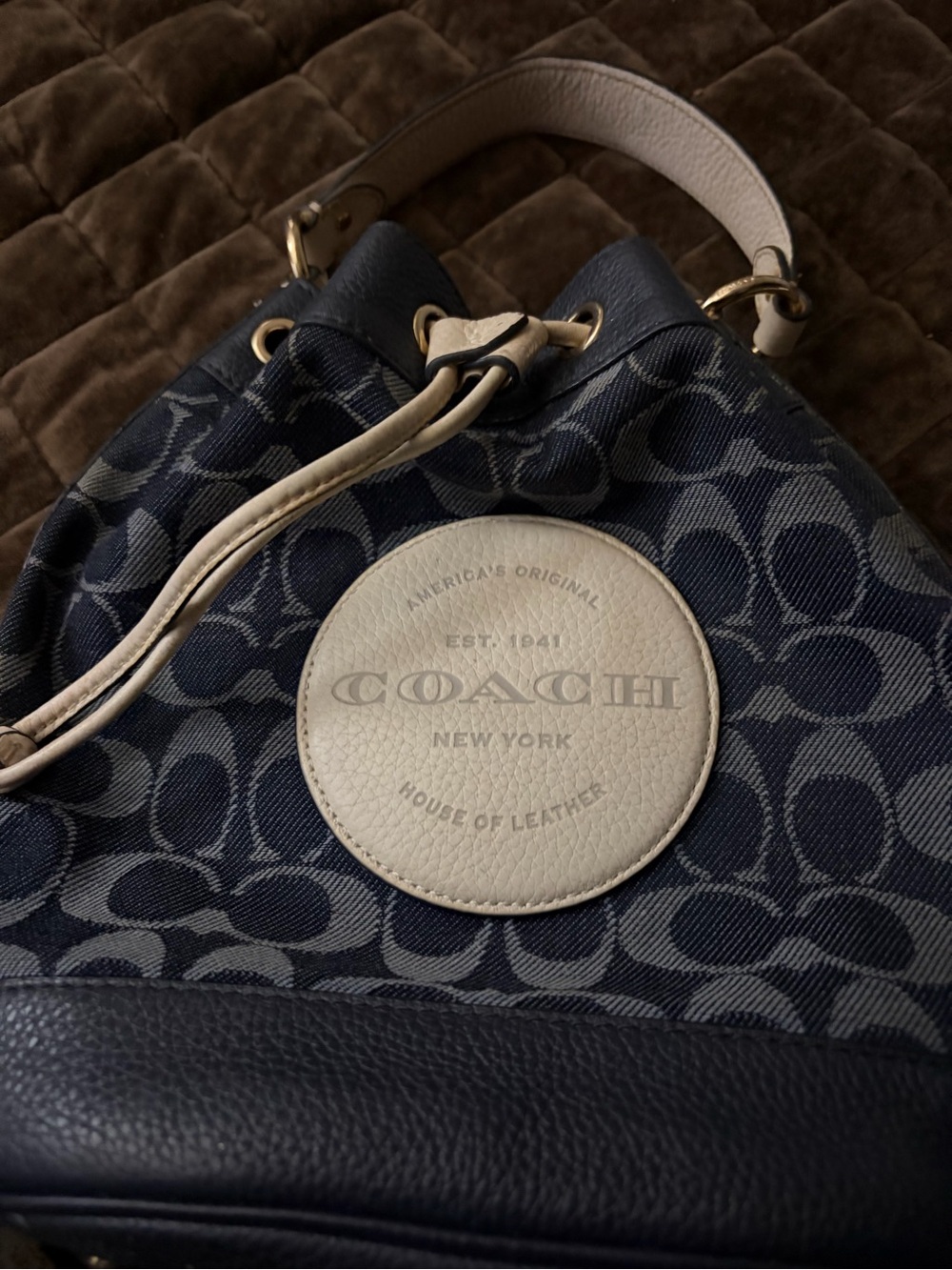 COACH Navy Jacquard & Cream Trim Drawstring Bucket Bag